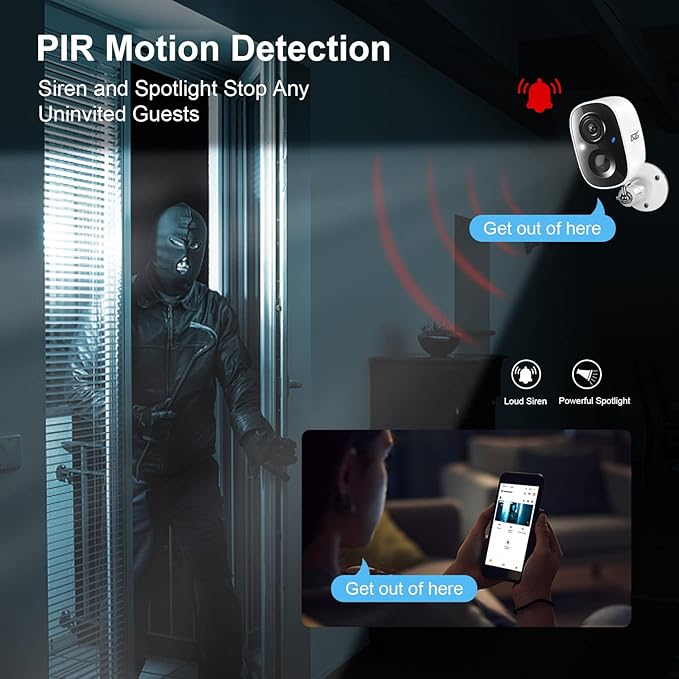DCT Security Cameras Wireless Outdoor: WiFi Battery Cameras for Home Outside 2K Color Night Vision Motion Detection Surveillance Cameras Two-Way Audio Siren Alarm Spotlight(White)