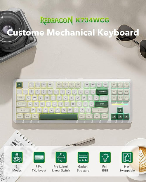 Redragon K734W Wireless Mechanical Keyboard, Tri Mode BT5.0/2.4G/USB-C 75% 81 Keys TKL Custom Hot Swappable Gaming Keyboard, Pre-lubed Linear Switches,RGB Gasket Computer Creamy Keyboard, for PC/MAC