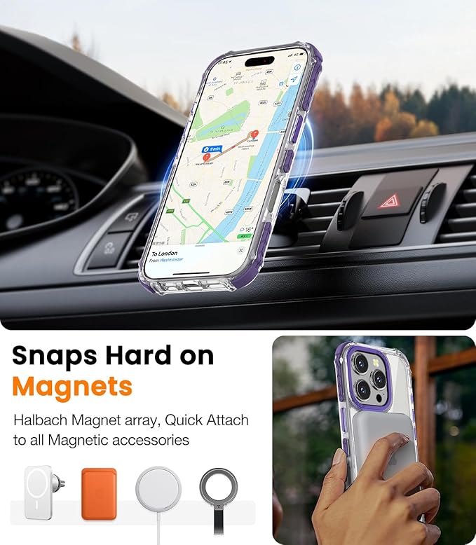 DEERLAMN Strong Magnetic Case for iPhone 16 Pro 6.3-Inch,[Compatible with Magsafe] Clear Slim Shockproof Protective Phone Cover for Women Men-Transparent+Purple