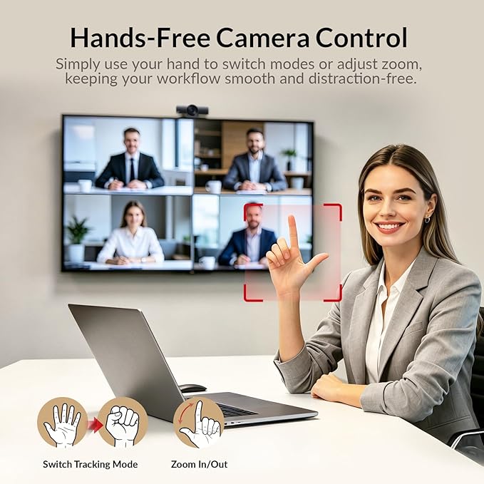 AV Access 4K Conference Room Camera - 1/1.8" CMOS, Gesture Control, Auto Framing, Presenter Tracking, Individuals Gallery, Dual Noise-Canceling Mics, Privacy Cover, 120° FOV, ePTZ 5X Zoom Webcam