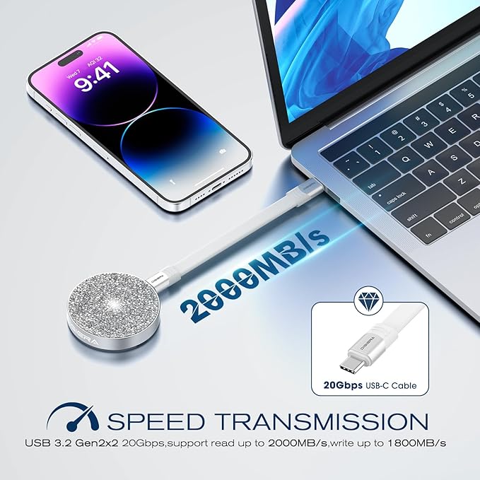 DIGIERA 1TB Magnetic Portable SSD, USB-C 3.2 Gen 2x2 External Solid State Drives w/Speeds Up to 2000MB/s, Compact & Durable, Compatible with iPhone 15/16 Series & Other USB-C Devices, Diamond Silver