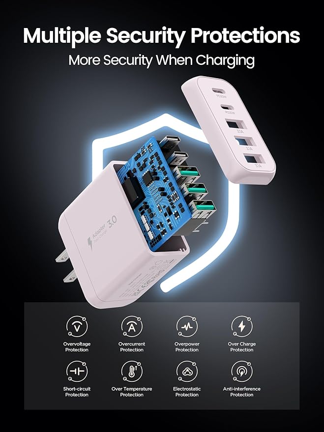 EIZLXQ USB C Charger Block, [2-Pack] Type C Charger Fast Charging,50W 5-Port USB Wall Charger Multiport Type C Charging Block Cube for iPhone 17/16/15/14/13/12/11 Pro Max XS,iPad,Samsung&More-Pink