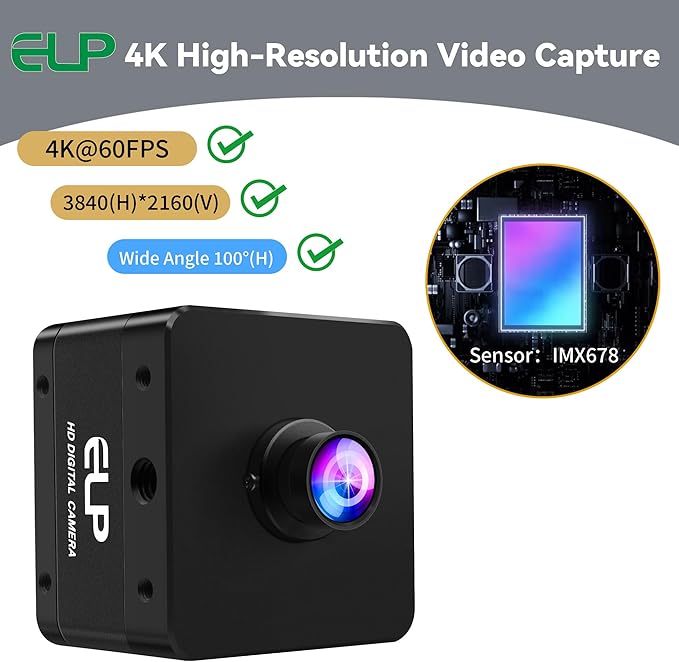 ELP High Speed 4K 60FPS USB Camera for Computer, Mini UVC 2160P USB3.0/2.0 Lightburn Cameras for Windows, Linux, Mac, Pi, Fast Frame Wide Angle 100°(H) IMX678 Webcam for PC Laptop Jetson Nano