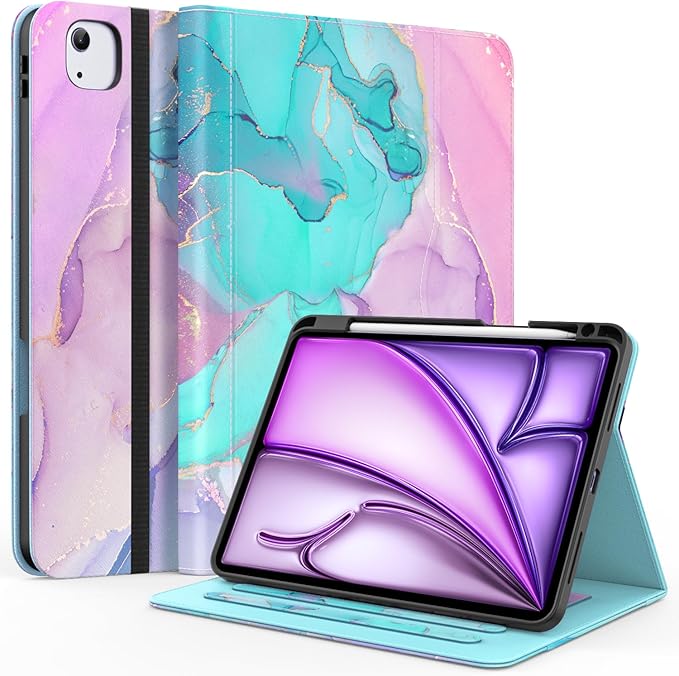 ZoneFoker Case for iPad Air 11-inch M3/M2 (2025/2024), iPad Air 5th/4th Generation 10.9'' (2022/2020), iPad Pro 11 (4th/3rd/2nd/1st Gen), Multi-Angle Stand Cover with Pencil Holder, Marble Teal Pink