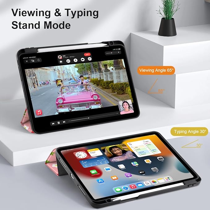 MEEgoodo Case for iPad Pro 12.9 Case M2 6th/5th/4th/3rd Generation 2022 2021 2020 2018, Protective Tablet Cover with Soft Back Shell for Kids, Strawberries & Flowers
