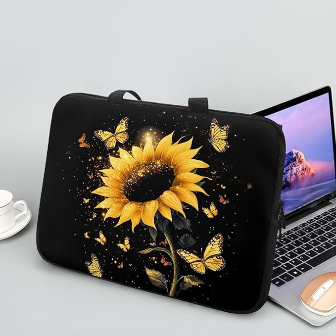 Sunflower Butterfly 10-17 Inch Laptop Sleeve, Portable Computer Bag Tablet Carrying Case with Handle, Women Business School Tote Bags Notebook Case Handbag Briefcase