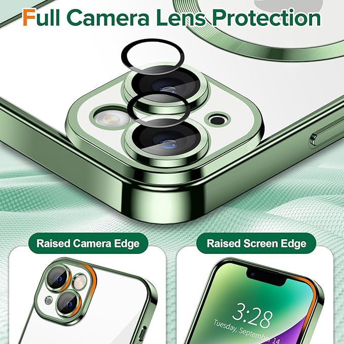 Hython Magnetic Clear for iPhone 14 Case with Camera Lens Protector [Compatible with MagSafe] Luxury Plating Edge Slim Soft TPU Cover Protective Phone Case for iPhone 14 6.1", Deep Green