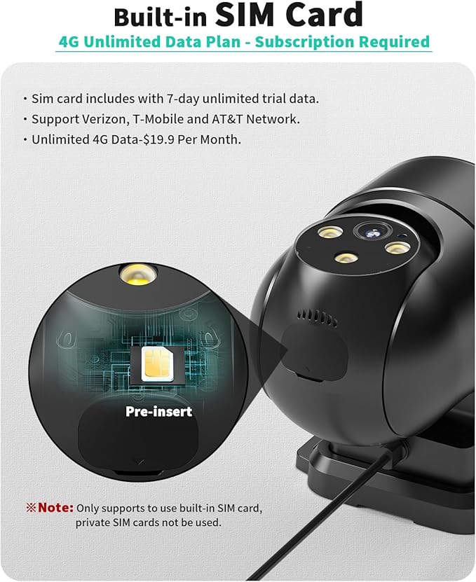 LIWAN 4G LTE Cellular Security Camera Wired, No WiFi Security Camera Outdoor, Plug-in for 24/7 Recording, 360° View, 2K Color Night Vision, 2-Way Talk, Built-in SIM Card, Black, 1 Pack