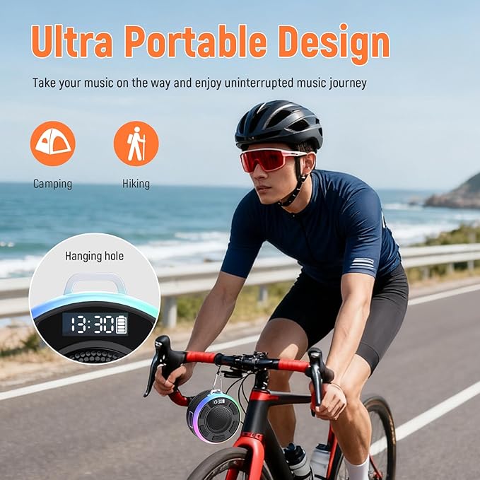 IPX7 Waterproof Shower Bluetooth Speaker, Portable Small Speaker with Suction Cup and Time Display, Loud Crystal Sound & Bass 10H Playtime 1100mAh, Wireless Shower Speakers for Pool, Beach Gift Black