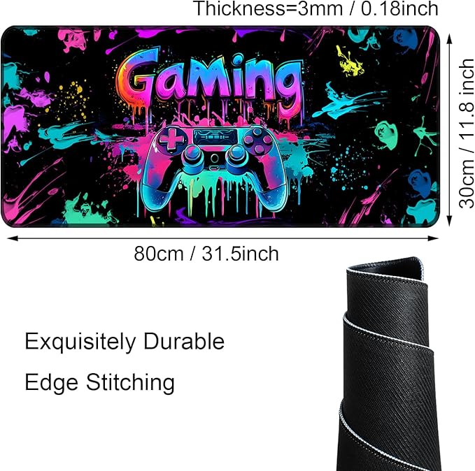 Gaming Mouse Pad, X-Large Waterproof Blacklight Colorful Splatter Art Game Controller Non-Slip Rubber Base Mousemat, Glow in The Dark Desk Mat for Office Home - 31.5 x 11.8 inches