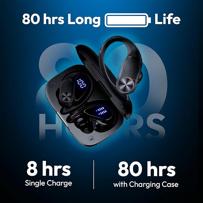 Wireless Bluetooth Sports Earbuds - Over-Ear Hook Headphones with LED Display - Touch Control & Voice Assistant - Wireless Charging Case – for Running - Gym - Workout (Black)