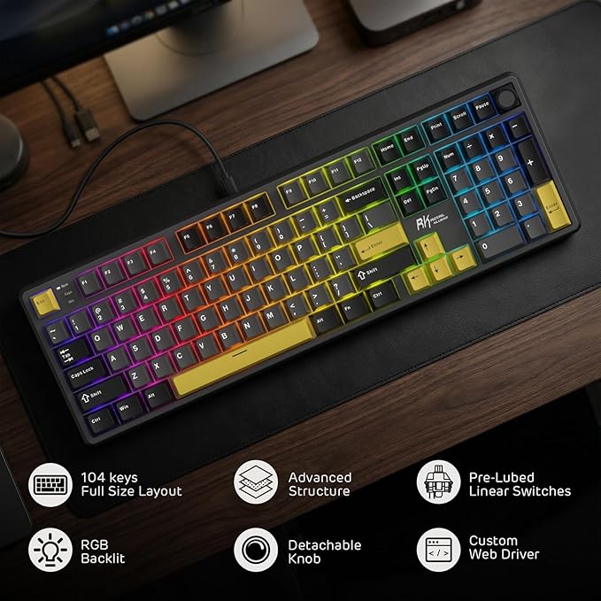 RK ROYAL KLUDGE X104 Full Size Mechanical Keyboard, Wired Creamy Gaming Keyboard with Number Pad and Knob,104 Keys Computer Keyboard Linear Switch,RGB Backlit,Online Software for Wins/Mac