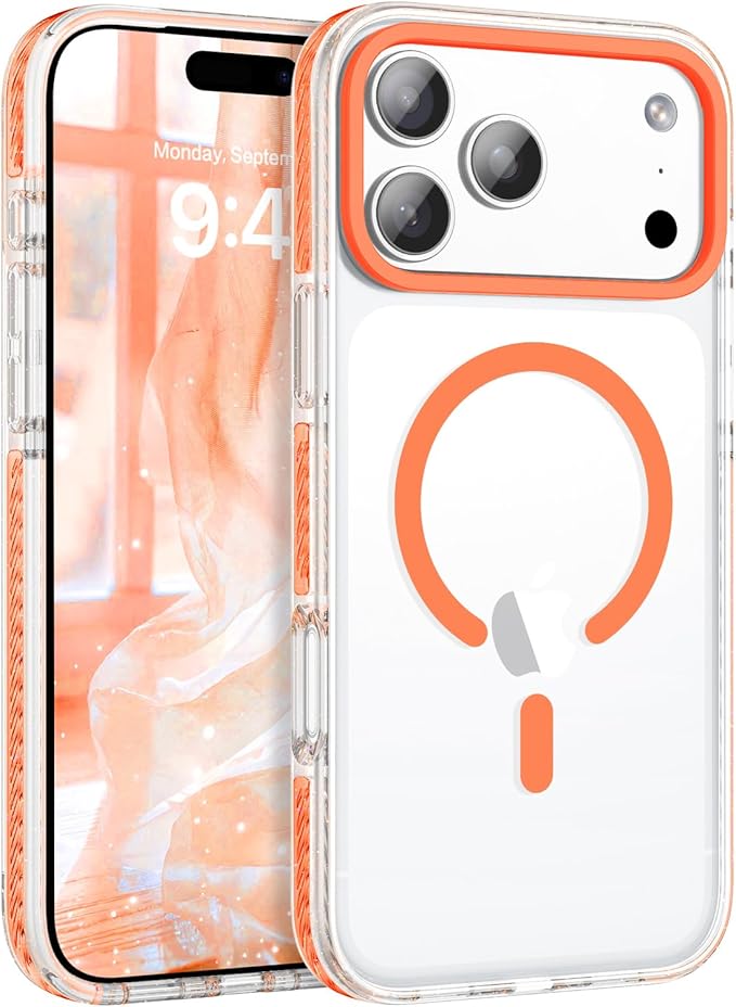 BENTOBEN Magnetic for iPhone 17 Pro Max Case 6.9", Compatible with Magsafe Military Shockproof Protective Bumper Cute Transparent Slim Anti-Yellowing Case for iPhone 17 Pro Max Cover, Clear Orange