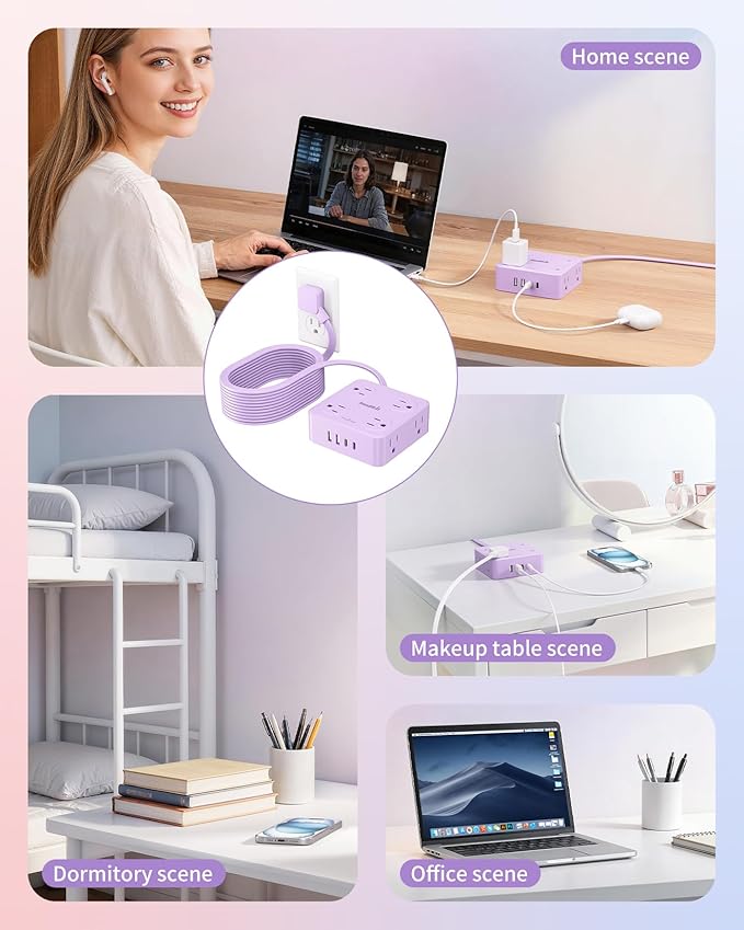 Extension Cord with Multiple Outlets, SMALLRT Surge Protector, 10FT Flat Plug Power Strip, Power Strips with Surge Protection with USB Ports, 8 Outlets, Outlets Extender for Home Office, Purple
