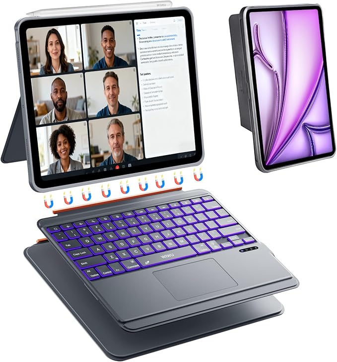 WIWU Keyboard Case for iPad Air 13 Inch M4/M3/M2 Pro 12.9 Magnetic Detachable Keyboard Case Adjustable Stand Colours Backlit Keys with Trackpad (Grey, for Air 13"(M3/M2) Pro 12.9" 6/5/4/3)