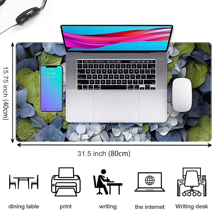 Large Desk Mat Hydrangea Floral Extended Gaming Mouse Pad, Keyboard Mouse Mat for Office & Home, Cottagecore Desk Pad XXL Computer Desktop Pad, Office Desk Accessories for Women 31.5×15.7 Inch