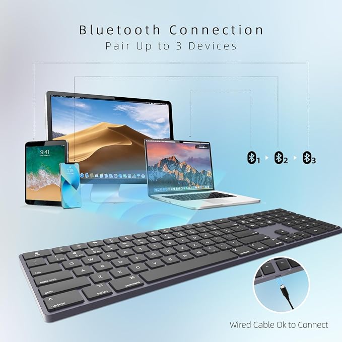 Bluetooth Slim Keyboard for Mac, Aluminum Rechargeable Keyboard Wireless, Low-Profile Silent Flat Key Compatible with Apple iMac, MacBook, Mac and iOS, Full Size - Space Gray
