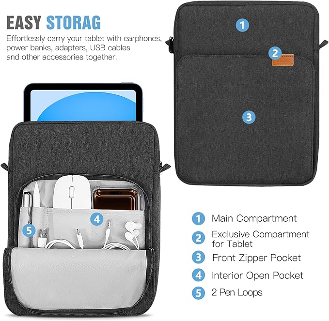 TiMOVO 9-11 Inch Tablet Sleeve Bag with Shoulder Strap for iPad 11-inch A16 2025, iPad 10th Gen. 10.9"/10.2", Galaxy Tab A9 Plus 11", Black & Grey