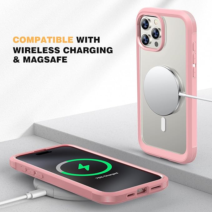 Diaclara Magnetic for iPhone 15 Pro Case, [Military-Grade Drop Proof & Fit for MagSafe] Built-in Shockproof Screen Protector, [Camera Lens Protector] Phone Cover for iPhone 15 Pro 6.1"(Coral Pink)