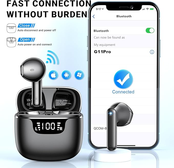 Wireless Earbuds, Bluetooth 5.4 Headphones with 42H Ultralight Ear Buds, Bluetooth Earbuds with 4 ENC Noise Cancelling Mics, HiFi Deep Bass Dual LED Display USB-C, IPX6 Waterproof Earphones Black