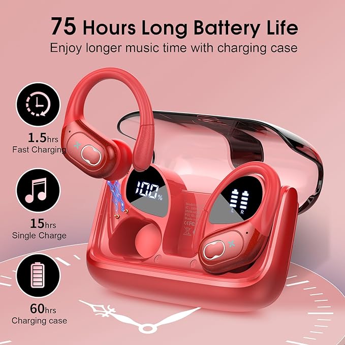 Wireless Earbuds 75hrs Bluetooth 5.4 Headphone Sport, 2026 Bluetooth Earbuds Stereo Deep Bass Over Ear Bud with Earhooks, ENC Noise Cancelling Mic, IPX7 Waterproof Earphone for Gym/Workout/Run, Red
