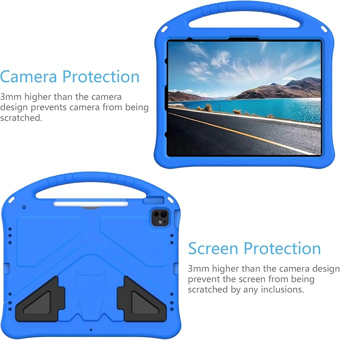 Kids Friendly Case for Apple iPad Air 11 M4 M3 M2 2026 2025 2024/ iPad Pro 11 M5 M4 2025 2024, EVA Durable Shockproof Handle Kickstand Lightweight Cover Case with Shoulder Strap, Blue