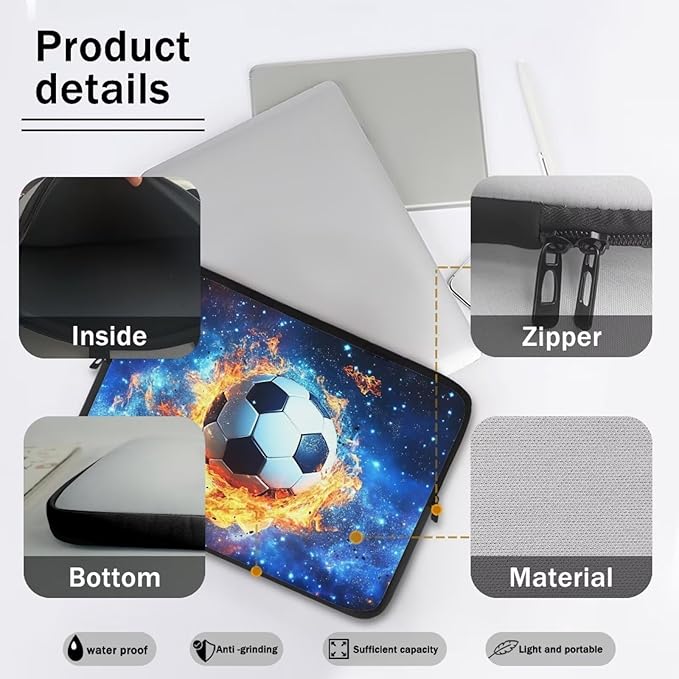 Football Laptop Sleeve for Men 17inch Lap Top Case Portable Laptop Accessories with Versatile Uses Computer Sleeve Laptop Pouch Water Flame Briefcase Blue