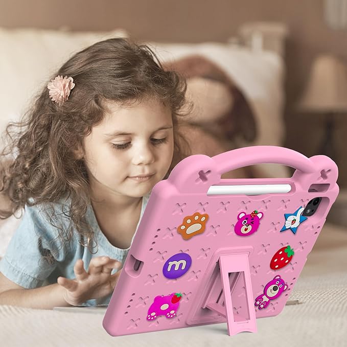 Dteck iPad Air 13"/Pro 13" 2024 M4/Pro 12.9 6th/5th/4th/3rd Gen Case - Strawberry Panda Shockproof Rugged Lightweight Convertible Stand With Handles, Kids Friendly, Pink