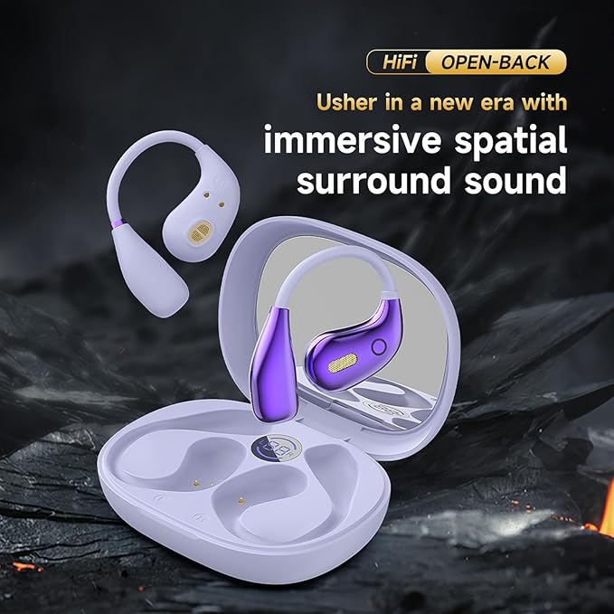 Open Ear Earbuds, Wireless Bluetooth 5.4 Headphones, Stereo Sound IPX7 Waterproof with Ergonomic Earhook for Running, Workout, Travel, Purple