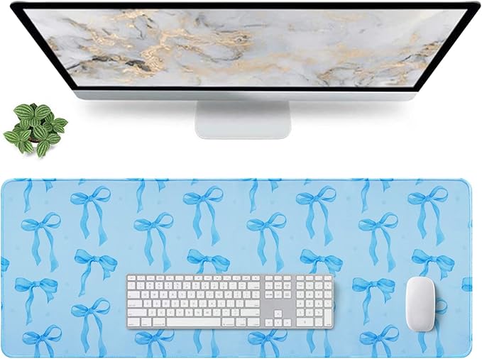 Blue Bows Desk Mat, Large Mouse Pad with Light Blue Background, Girly Computer Mat Keyboard Mat Cute Blue Office Pad for Desktop, Non-Slip Rubber Base, Stitched Edge Laptop Pad for Girls 31.5 x 11.8in