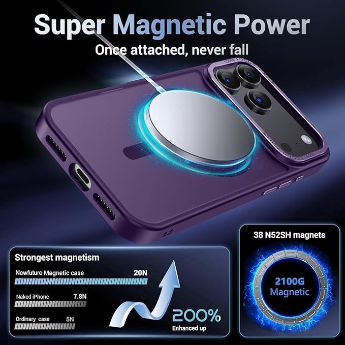 Newfuture Magnetic for iPhone 17 Pro Max Case [Compatible with Magsafe] [Military Grade Drop Protection] Translucent Matte Anti-Scratch Shockproof Protective Phone Cover 6.9 Inch, Deep Purple