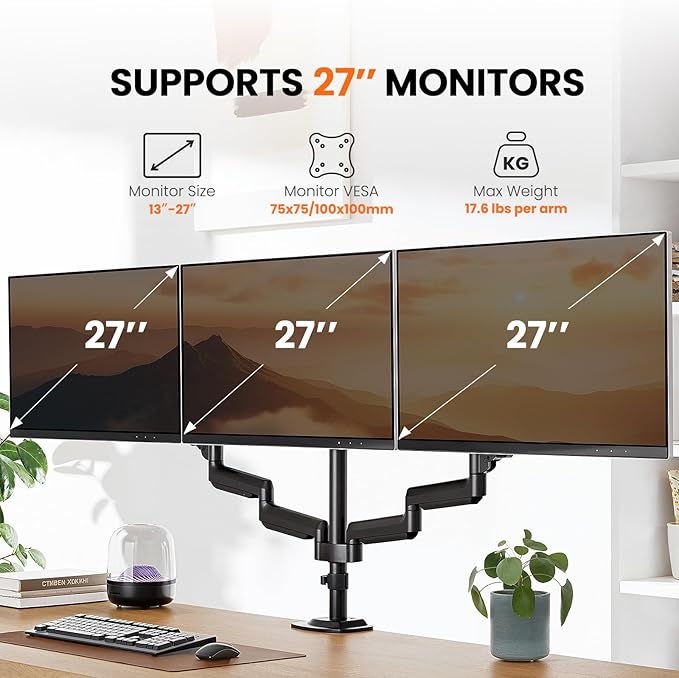 ErGear Triple Monitor Mount for 13-27 inch Screens, Premium Aluminum Triple Monitors Stand up to 17.6 lbs, Sturdy 3 Monitor Desk Mount with Swivel, Tilt, Rotation, Max VESA 100x100mm