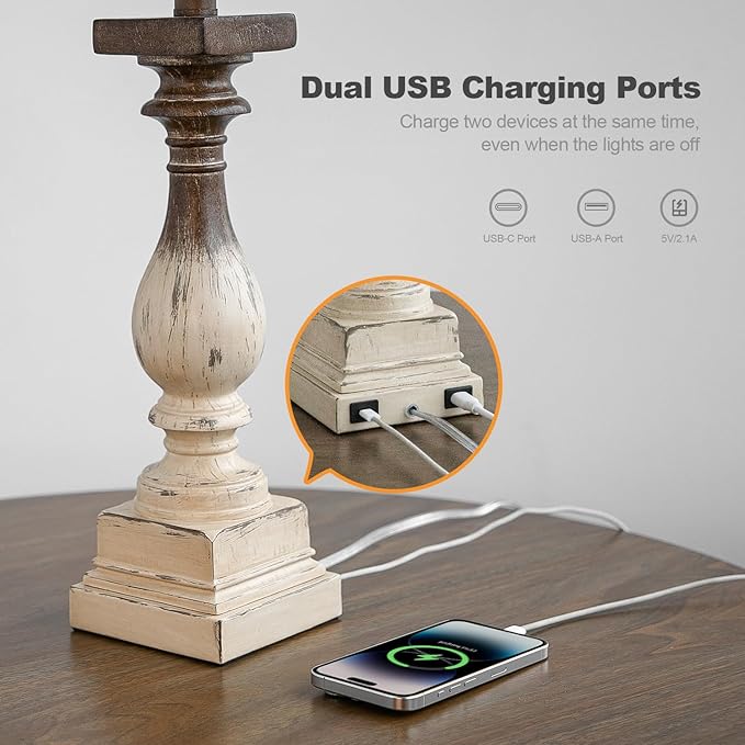 BOBOMOMO 27" Farmhouse Table Lamps with USB-A +C Ports, Vintage Rustic Side Table Lamps Set of 2, Linen Shade, Retro Bedside Night Stand Lamps for Living Room, Bedroom (Blubs not Included)