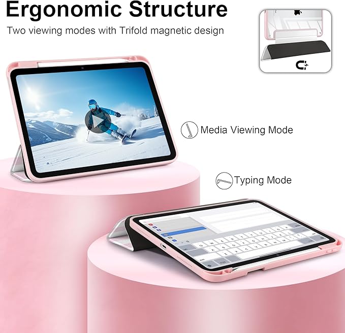 Case for iPad Air 11 inch M4 2026 M3 2025 M2 2024 Release with Pencil Holder - Cute Pink White Striped Trifold Cover with Clear Back Auto Sleep/Wake, Aesthetic Soft Protective Skin for Girls