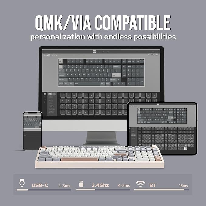 EPOMAKER Galaxy100 QMK/VIA Wireless Gaming Keyboard, Aluminum Shell, BT/2.4Ghz/USB-C, Pre-Lubed Hot-Swappable Linear Switches, NKRO, RGB Backlit (Creamy White, Marble White Switch)