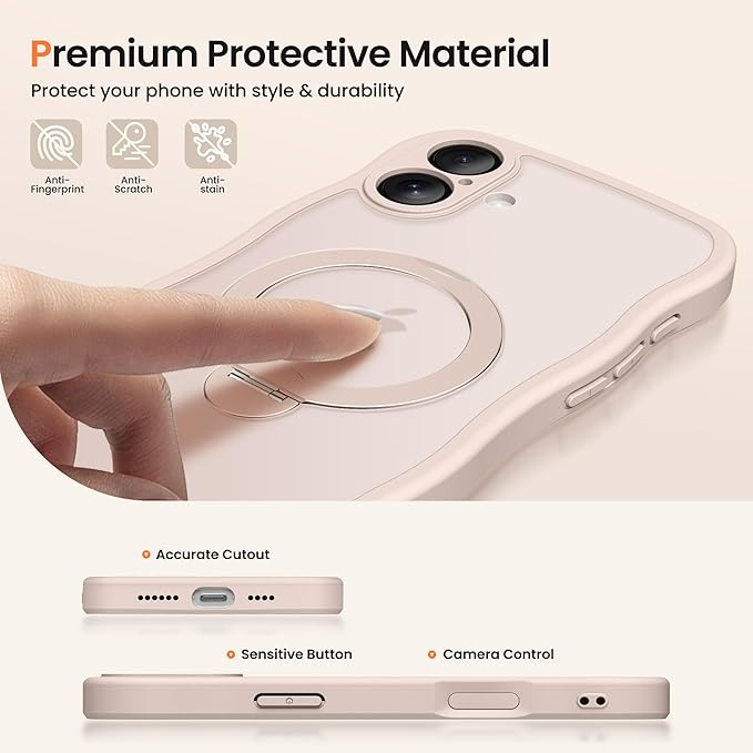 CAPRARO for iPhone 16 Case with 360° Spin Magnetic Stand for Women, [Compatible with MagSafe] [Full Camera Protection] Cute Wave Translucent Matte Case for iPhone 16, Pink Gold