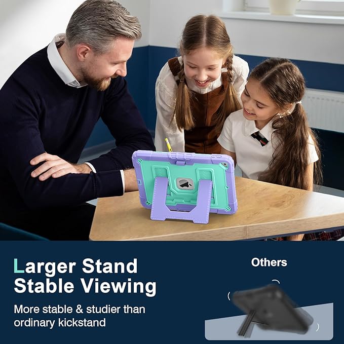 Kids Friendly Case for Apple iPad 10.2" 9th 8th 7th Generation 2021/2020/2019 Case with Pencil Holder & Shoulder Strap, Military Grade Shockproof Kickstand Hard Shell Protective Cover,Purple+Mint