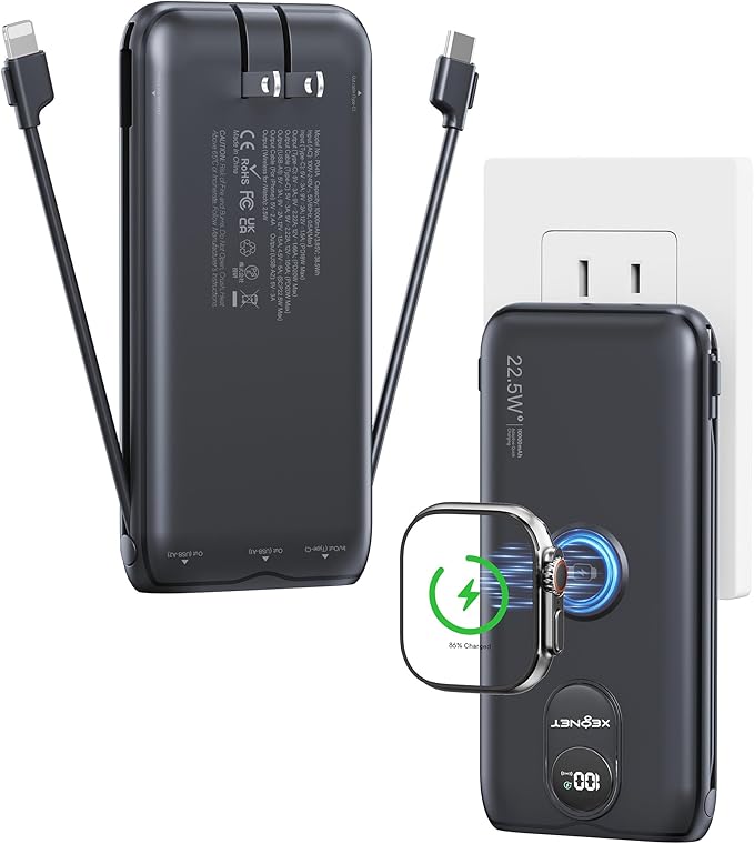 Portable Charger, 10000mAh 22.5W Power Bank Fast Charging with Wall Plug, Built-in Cables, LED Display, Compact Lightweight USB C Travel Battery Pack for iPhone 17/16, Android Cell Phone, Pad, iWatch