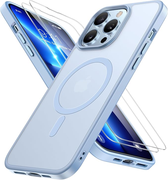 Miracase Magnetic for iPhone 13 Pro Case 6.1 inch (Compatible with MagSafe)（with 2X Screen Protectors） Military-Grade Protection, Anti-Fingerprint Translucent Matte Phone Case Cover, Light Blue