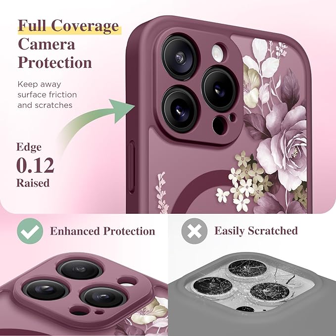 GVIEWIN for iPhone 16 Pro Max Case Compatible with MagSafe, [Military Grade Protection] [Screen Protector] Full Camera Protection Floral Translucent Women Magnetic Phone Case, Cherry Blossoms/Burgundy