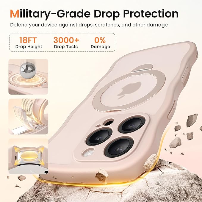 CAPRARO for iPhone 16 Pro Case with 360° Spin Magnetic Stand for Women, [Compatible with MagSafe] [Full Camera Protection] Cute Wave Translucent Matte Case for iPhone 16 Pro, Rose Gold
