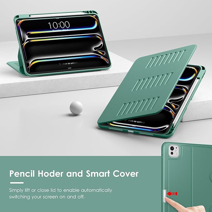 VIKESI Case for iPad Pro 11 inch (M5/M4) 2025/2024,Multiple Angles Magnetic Stand Cover,Shockproof Back,Pencil Holder,and Auto Sleep/Wake,Forest Green