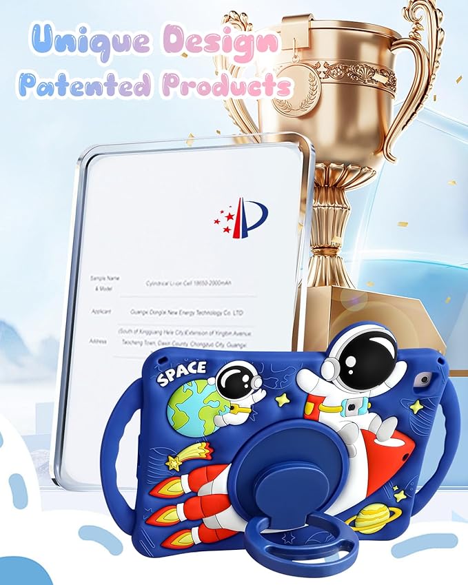 Boaretiu Kids Case for iPad 6th/5th Generation/Pro 9.7 inch/Air2/Air1 - Cute Cartoon Astronaut Spaceship Silicone Case with Strap & Rotating Stand Soft 3D Tablet Cover for Boys Teens