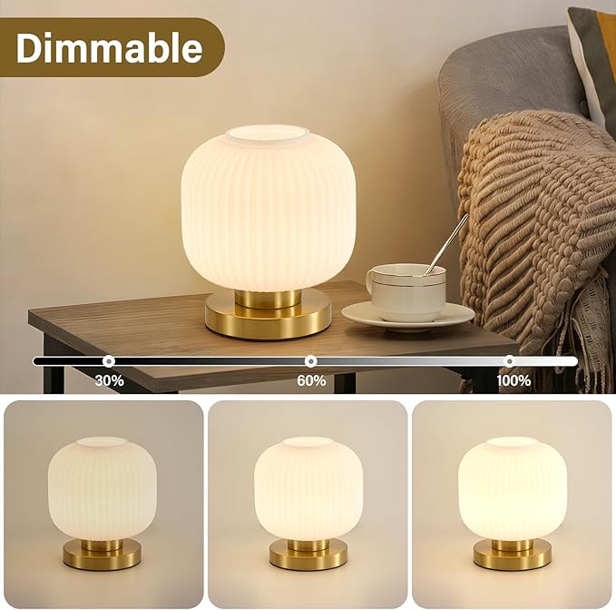 Globe Glass Mid Century Lamp: 7.9" Dimmable Milky White Brass Small Plug in Table Lamps - Vintage Cute Bedroom Ambient Bedside Nightstand Lamp - Modern Entryway Desk Shelf Gold Decorative Ribbed Lamps