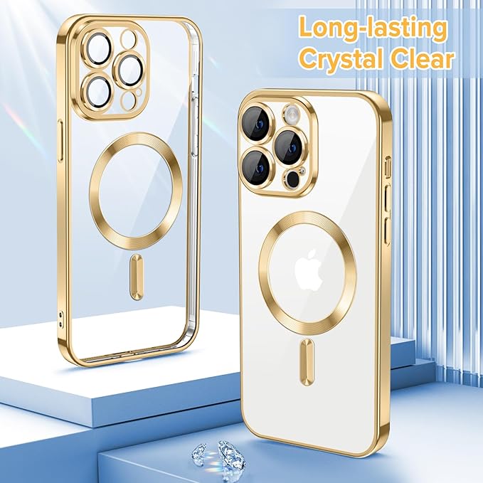 Hython Magnetic Clear for iPhone 12 Pro Case with Camera Lens Protector [Compatible with MagSafe] Luxury Plating Edge Slim Soft TPU Cover Protective Phone Case for iPhone 12 Pro 6.1", Gold