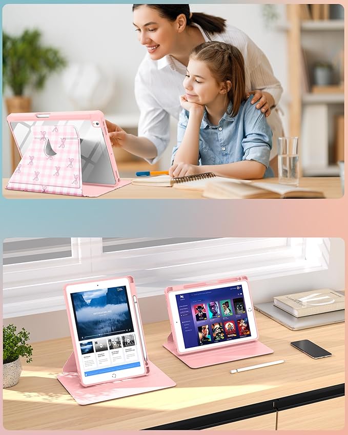 Uppuppy for iPad 9th/8th/7th Generation Case for iPad Air 3rd/ Pro 10.5” Case - 360 Rotating Stand Folio Smart Cover with Pencil Holder for Women, Pink Bow Checkered for Apple Tablet 7/8/9 Gen 10.2”