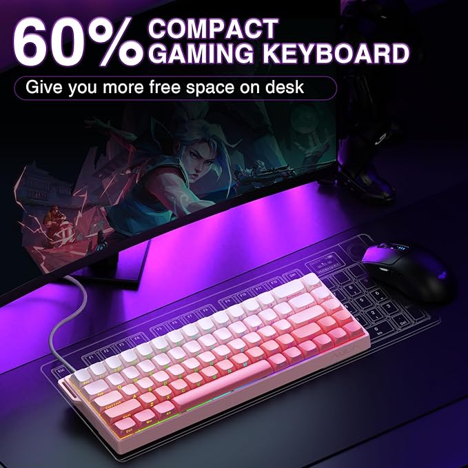 AULA WIN68 HE Mechanical Gaming Keyboard 60%, Hall Effect Magnetic Switch, Fast Trigger Mode Adjustable Actuation, 8000Hz Polling Rate, RGB Backlit, Wired Pink Keyboard for Laptop/PC Gamer