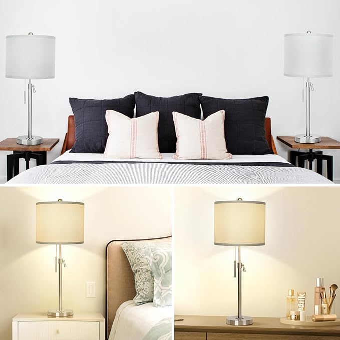 Qingmiao Table Lamps for Bedrooms Set of 2, 22" to 30" Height Adjustable Nightstand Lamps with Linen Shade, Pull Chain Switch Lamps for Living Room, 3 Way Dimmable Bedside Lamp
