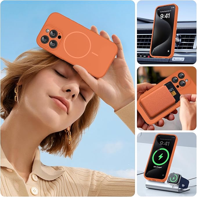 Miracase Magnetic for iPhone 15 Pro Case, [Soft Anti-Scratch Microfiber Lining], Compatible with MagSafe, Liquid Silicone Shockproof Drop Protection Phone Case for 15 Pro, Orange
