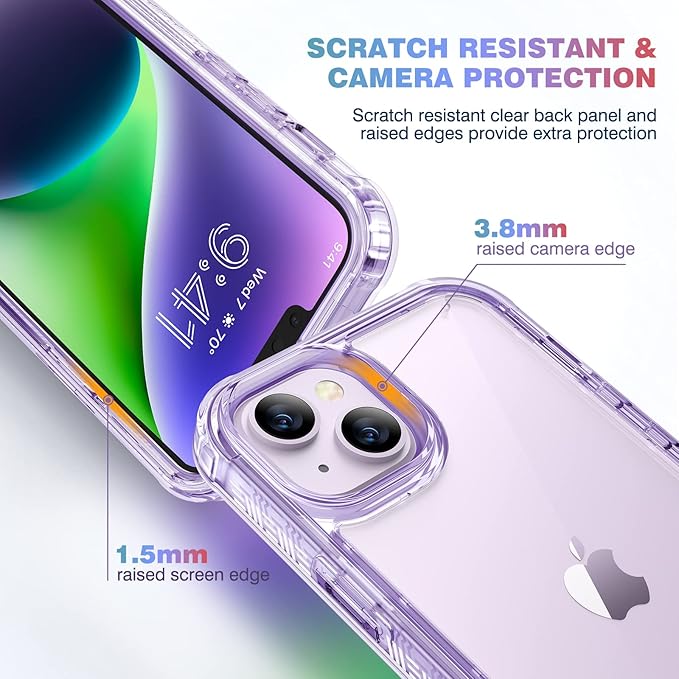 Diaclara Designed for iPhone 14 Case, Full Body Rugged Case with Built-in Touch Sensitive Anti-Scratch Screen Protector, with Camera Lens Protector (Clear Purple)